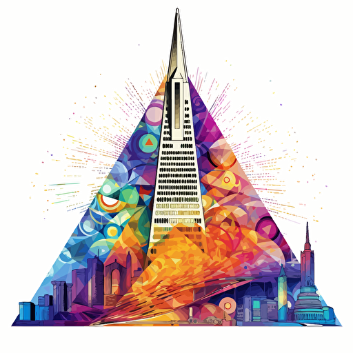 16 colors, colorful vector art, san francisco transamerica pyramid in a galaxy, swirl patterns, white background