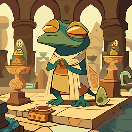Inspired by the Cubist style, design a vector illustration of KEK (in his frog form similar to Pepe the Frog) participating in a traditional Egyptian ceremony. Set the scene using geometric shapes and a limited color palette in an ancient Egyptian setting. KEK observes the ceremony with curiosity.