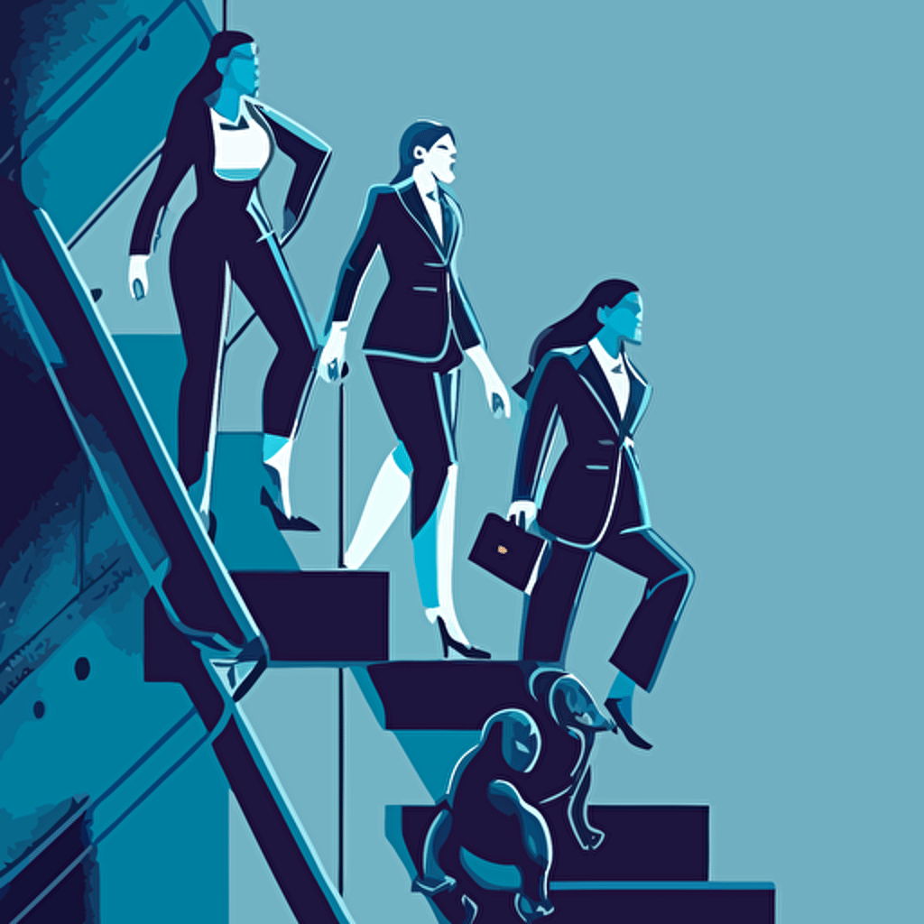 Four women in business suit climbing primate, detaillierte vector illustration