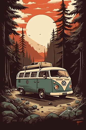 Create an illustration for paintings with a travel and adventure theme that inspire people to get out of their comfort zone and explore the world. Include a vw motor home. The illustration should be suitable for hanging in a room of any age, vector quality
