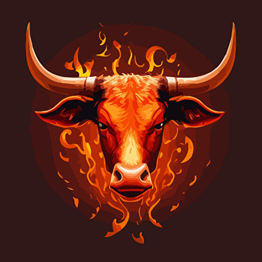an emblem of a mad bovine on fire, vector, simple