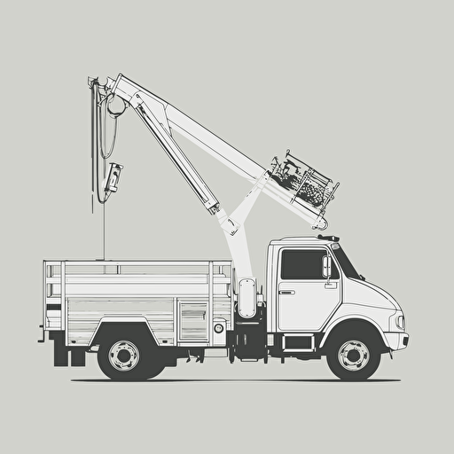 a flat, minimal, black and white, vector, outline only, bucket truck