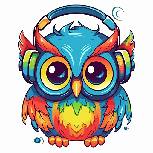sticker, Happy Colorful Owl wearing Head phones, kawaii, contour, vector, white background