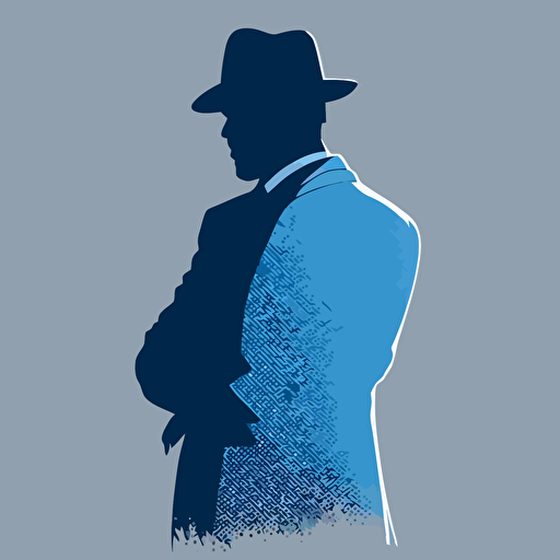 silhoette of professional man, sleeves rolled up, wearing hat, blue color, gray background, simple design, vector style, white outline over silhouette