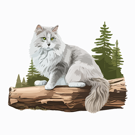 silver and white norwegian forest cat sitting on a log white chest illustartion svg vector style
