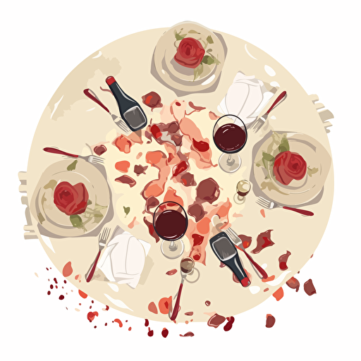A romantic round dinner table set at a fancy restaurant with spilled glasses of wine on the table cloth, the scene is seen from above, roses scattered on the table, in a white background, vector stile