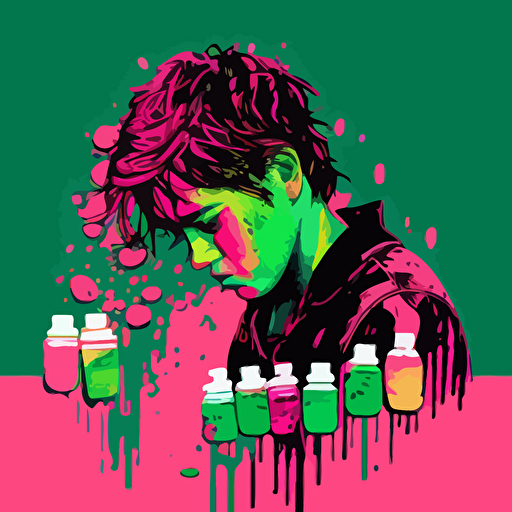 vector,splashy,pink,green,face,boy,holding pills bottles in hands,depressed,sad,crying
