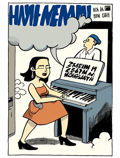 Ben Shahn, American art comic book style. There are Asian young climate activists, delivery riders, female human rights activists, and a female worker, and they imagine a "hammer" and a "keyboard," together on a big stage, hammer and keyboard illust in a thought cloud, non-letter illustration. white background, vector imagination