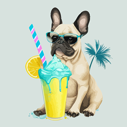 a cute cartoon french bulldog sitting at the beach wearing sunglasses and drinking lemonade, disney, 2d, vector art, transparent background
