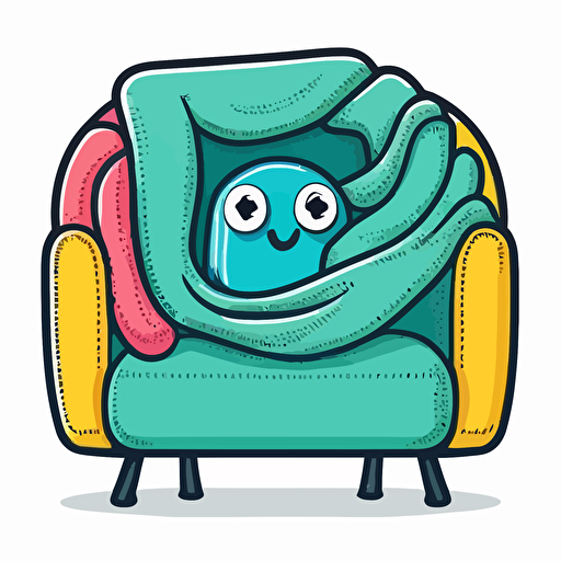 empty oversized stuffed chair with a throw blanket, Sticker, Excited, Bright Colors, Naive Art Style, Contour, Vector, White Background, Detailed