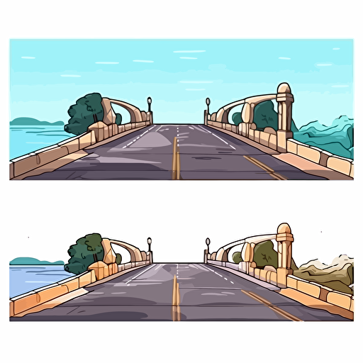 draw vector cartoon art style on white background road from right to left over bridge with few high arches without scenery, use perspective
