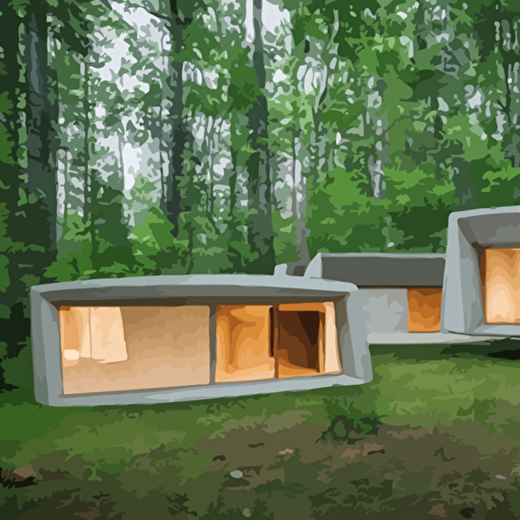 wide image innovative contemporary 3d printed prefab sea ranch style cabin rounded corners angles beveled edges cement concrete organic architecture lush green forest designed gucci balenciaga wes anderson golden hour