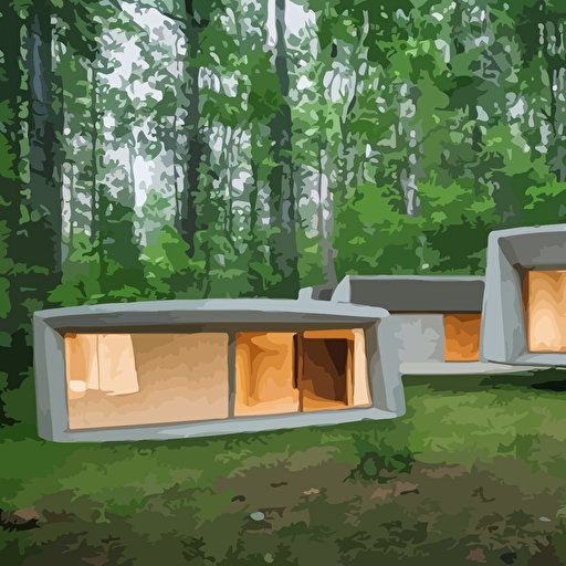 wide image innovative contemporary 3d printed prefab sea ranch style cabin rounded corners angles beveled edges cement concrete organic architecture lush green forest designed gucci balenciaga wes anderson golden hour