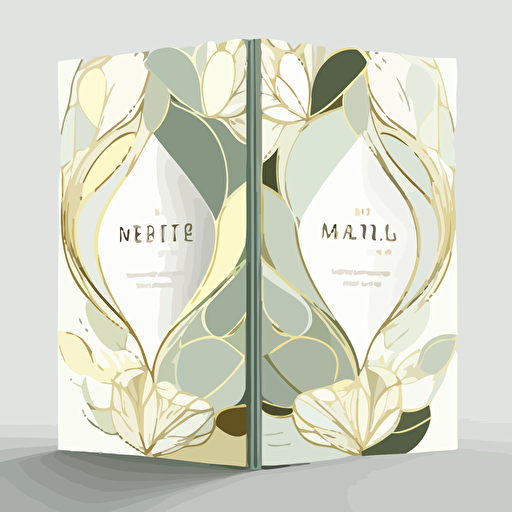 wedding booklet design. Stained glass petal art front page. Muted colors. Light green, gold, white. Minimalistic. Flat vector illustration.