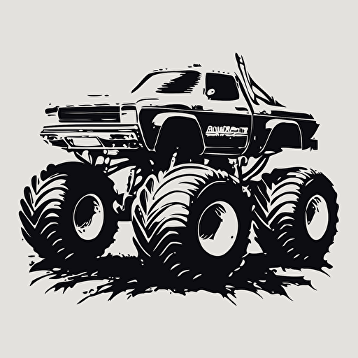 black and white Big Foot monster truck parked on crushed 1980's cars, vector clip art style undetailed
