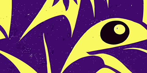 a cartoon vector style illustration of a dinosaur type monster with lots of eyes, goth punk style, yellow and purple, grainy texture lino print style
