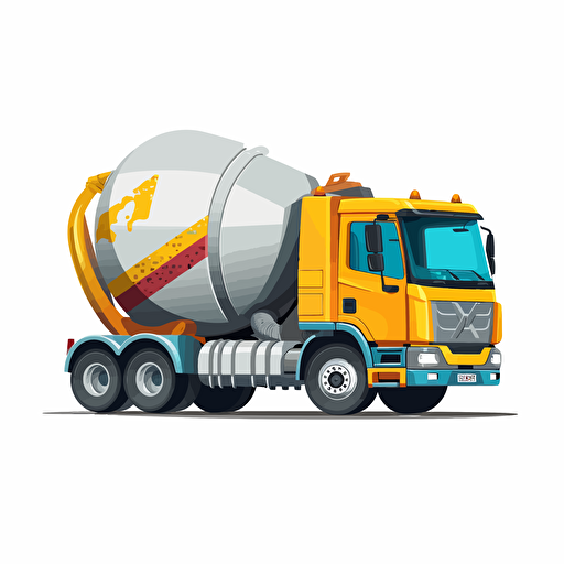 concrete mixer truck, simple forms, flatart, 2D vector style, cartoon, white background, side view