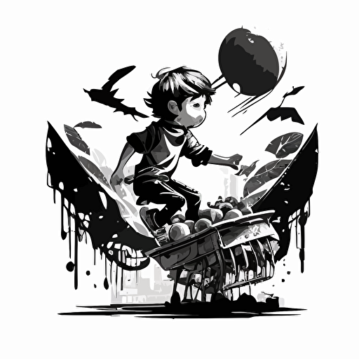 Black and White vector illustration of boy flying over broken apple vendor