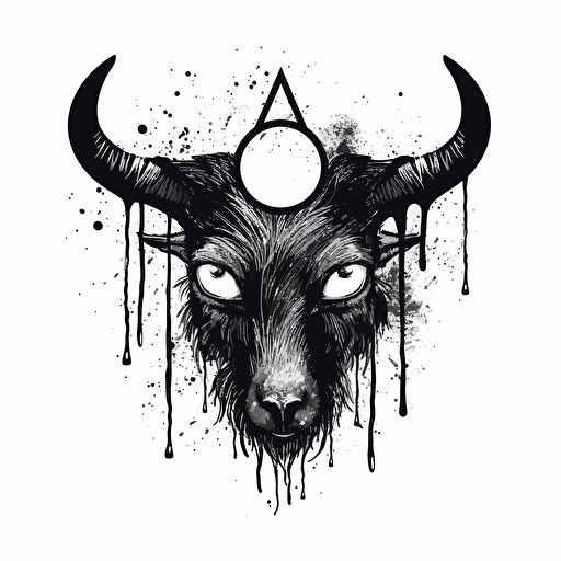 flat vector logo, black and white, ink style, black moon, goat eye, three black tears