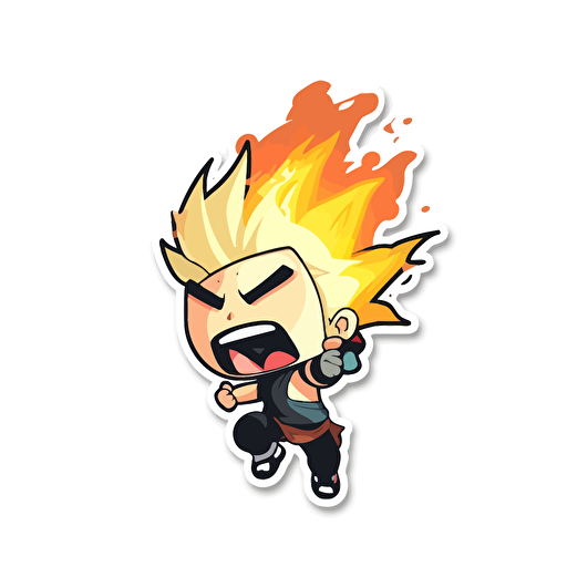 Vector illustration of a baby cloud strife from final fantasy running and screaming in the style manga, fire, bright colors, manga, minimalistic, solid white background, final fantaisy, kiss cut sticker