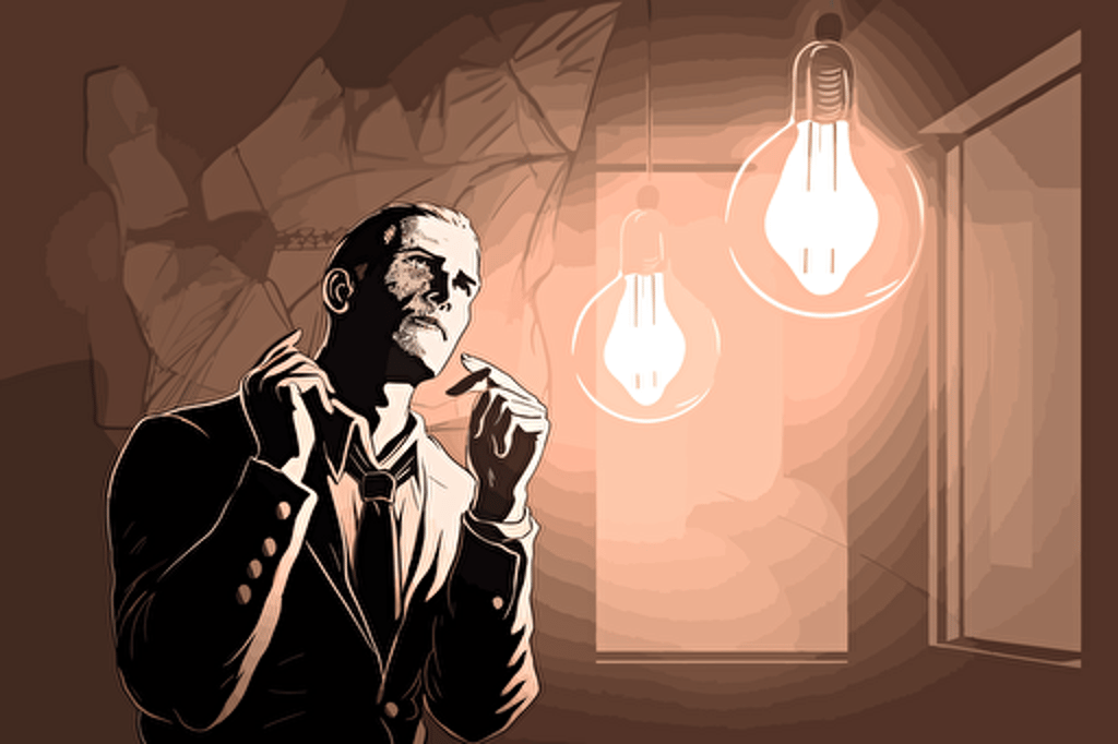 A vector illustration of a man in a room with an idea, light bulb moment, detailed