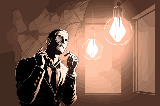 A vector illustration of a man in a room with an idea, light bulb moment, detailed