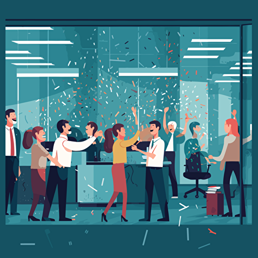 A modern office scene where employees celebrate increased web traffic, rising charts projected on a wall, employees exchanging smiles and congratulations, a positive and friendly atmosphere, Illustration, vector style,