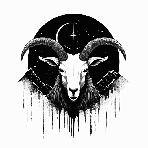 flat vector, logo, black and white, ink style, black moon, goat eye, moon, three black tears