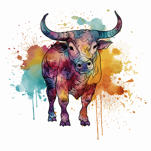 vector line drawing of taurus bull, with multicolor, watercolor background.