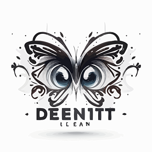 creating eye butterfly letters logo for my brand called dentic, vector 2d, clean, white background