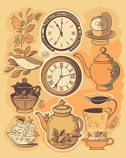 tea time, retro aesthetics, vector image, sticker design, pantone color scheme: 12