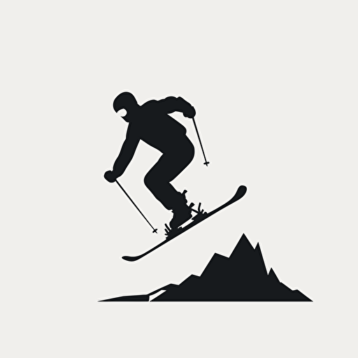 deformed minimal icon, single color, 2d vector art, 'Freestyle Skiing' silhouette, black on white paper, no background.