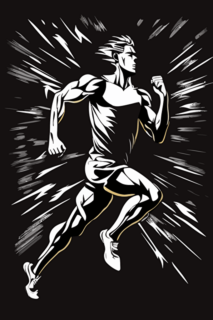 abstract outdoor jogging man, grey and white colors, pop art deco illustration, hand vector art, black background,