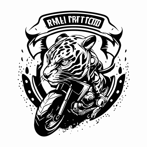 A logo for a moto club team. The panter holds a handlebars made for MX in her claws, sits on a motocross. Vector plot. Black and white. Black stroke on white background. 2D
