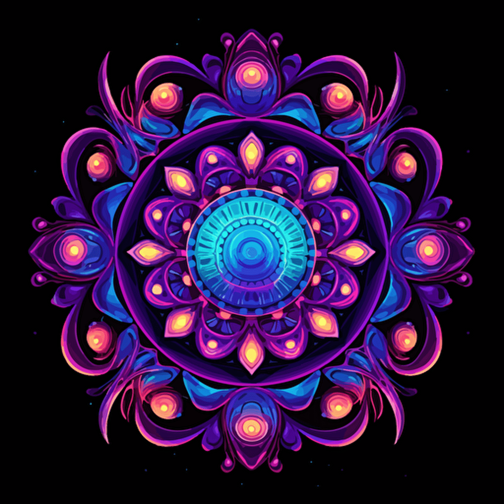 2d mandala made with alien faces uv colors vector style detailed