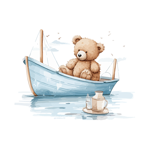 cute little teddy sitting next to a boat, vector, pastel colour, white background
