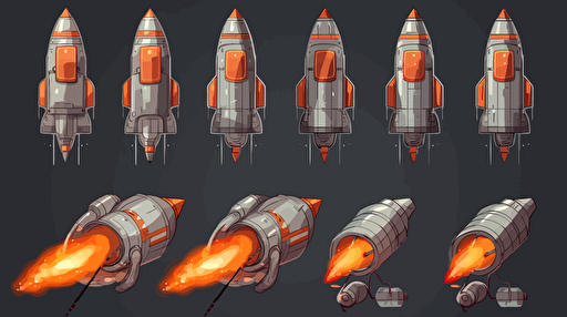 pure 2d vector fire animation frames of a side view rocket jet engine, sprites
