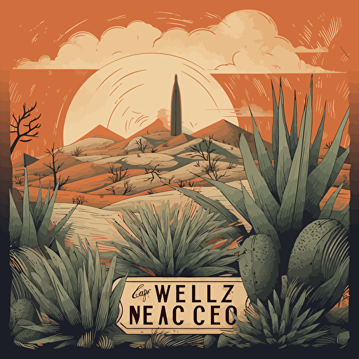 a vector image of a modern mezcal bottle label with a unique and eye-catching design. The label is made of high-quality materials and is printed with a variety of textures and materials. The design is inspired by the diverse landscape of Mexico, and includes elements such as sand dunes, volcanoes, and rainforests. The label also includes the name of the mezcal, the type of agave used, and the region where it was produced. The overall effect of the label is one-of-a-kind, and it is sure to be a conversation starter.