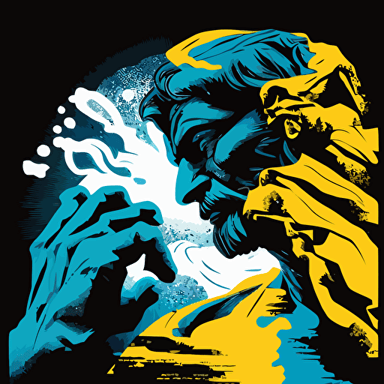 Create a captivating vector illustration that depicts a hand in the profile position, reminiscent of Michelangelo's iconic "Creation of Adam," as it enters the digital world. Use modern and dynamic art style with vivid blue and yellow tones contrasted with dark black tones. Play with dramatic lighting to highlight the division between the real and virtual realms, with the hand reaching towards the digital world. Capture a close-up shot of the hand, creating a dynamic composition that conveys the excitement and tension of the fusion between the physical and digital realms.