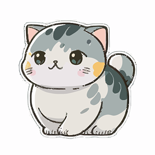 kawaii scottish fold cat, grey and white, sticker, vector, white background, contour, cartoon style