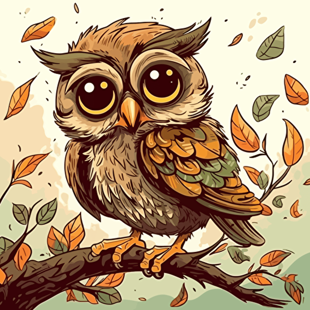 A delightful cartoon owl on a branch, showcasing a wide-eyed and curious owl perched on a branch with leaves, Artwork, vector illustration,