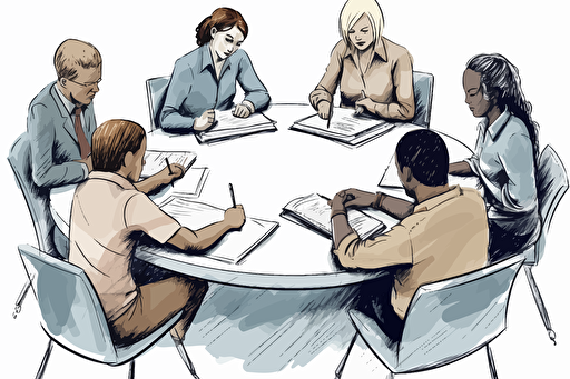 a vector illustration of a diverse business person writing or drawing at a round table. White background