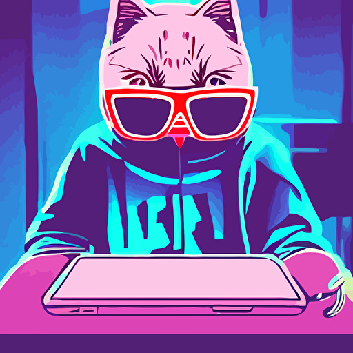 cat hoodie glasses sits laptop digital art vector art cyberpunk synthwave unreal engine