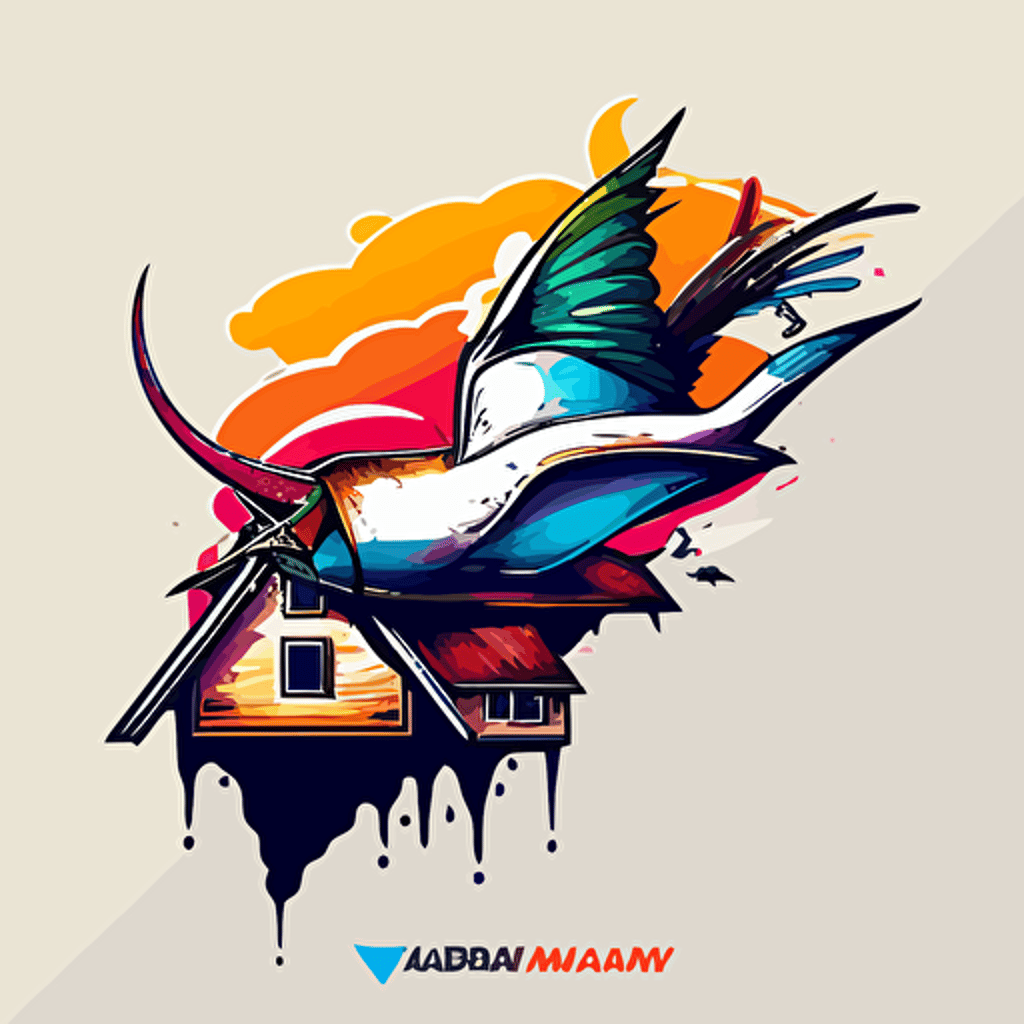vector logo of a plane landing in a house with a colorful and very large and colorful prominant beak v 5
