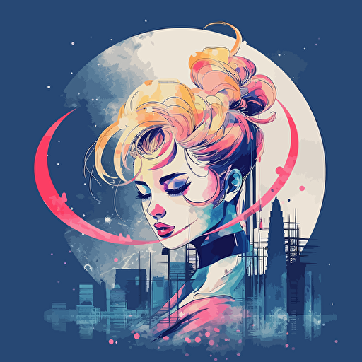 clean minimal sailor moon in the city in vector art style double exposure style