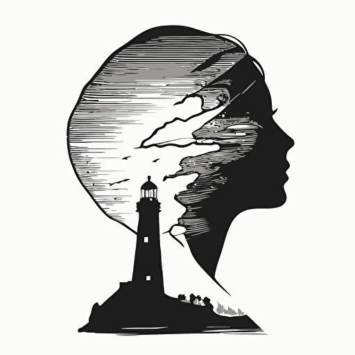 the outline of an androgynous face in profile with the outline of a lighthouse in the brain with rays coming out. vector drawing.