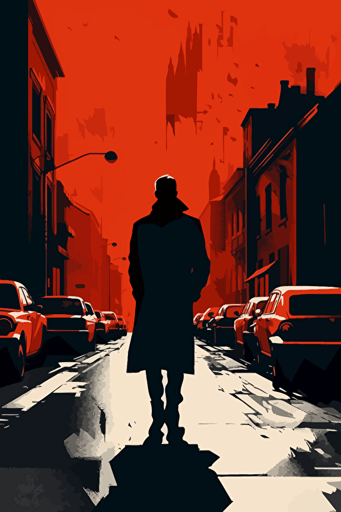 a man wearing a coat and walking on a red background, in the style of simplistic vector art, cityscape, film noir, poster art, realist detail, careful composition, stencil-based