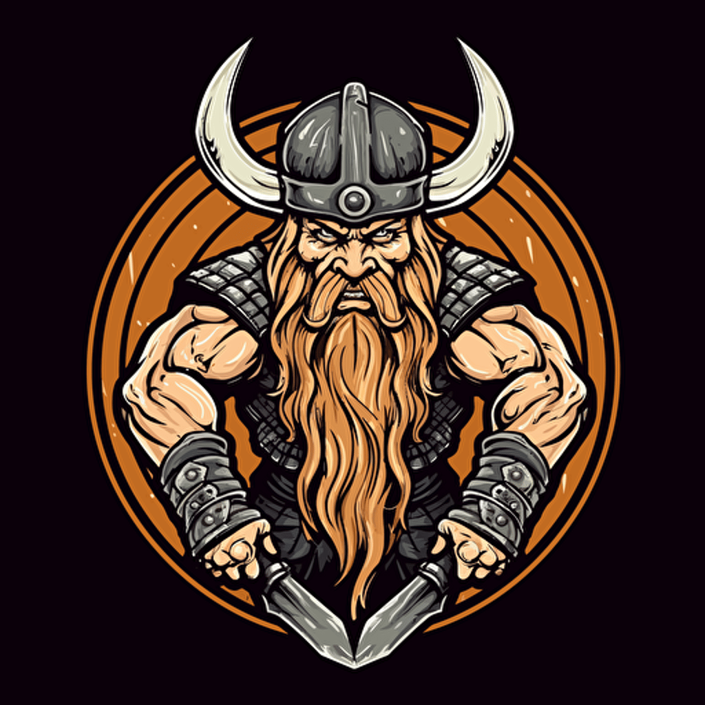 vector logo full bocy muscular viking holding battle axe in one hand and viking helmet in other hand