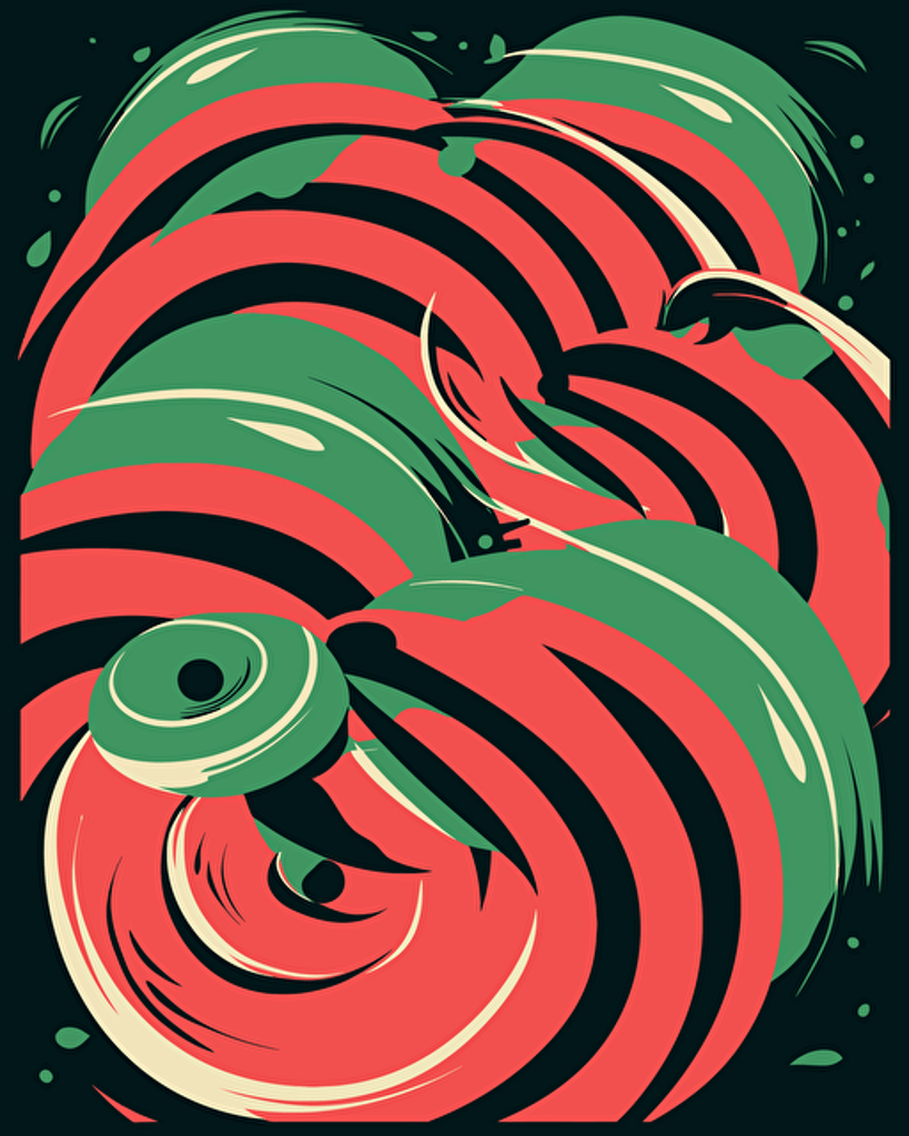 spiral watermelon, retro aesthetics, vector image, sticker design, pantone color scheme: 12-1706 TCX, 12-0824 TCX, 15-0146 TCX, 15-1164 TCX, 16-6340 TCX, 17-4247 TCX, 18-2043 TCX, 19-6026 TCX. The final piece should exude a warm, holiday-like ambiance.