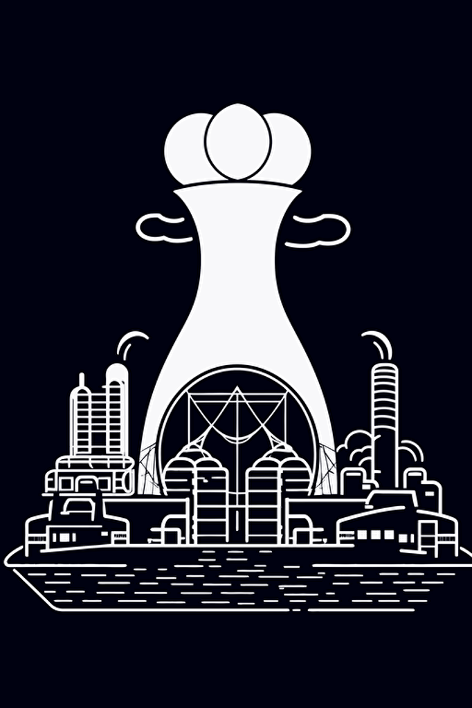 a board game card that is depicting an illustration of a nuclear power plant in a vector line drawn form, black and white.